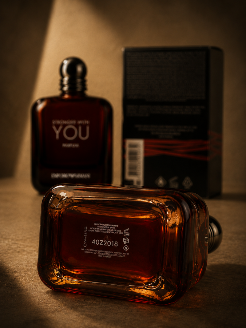 A dark amber glass perfume bottle lies in the foreground with its cap removed, showing printed product code text on the bottom. A matching black box stands behind it, and another bottle is visible further back on a warm brown surface under dramatic directional lighting.