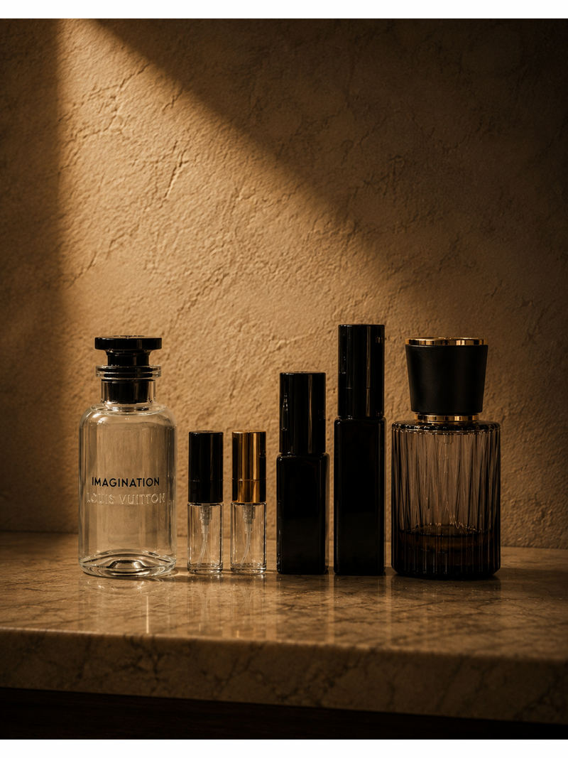 A collection of perfume bottles and travel atomizers arranged on a marble surface, including a Louis Vuitton Imagination bottle and several dark amber and black bottles, against a warm textured wall.