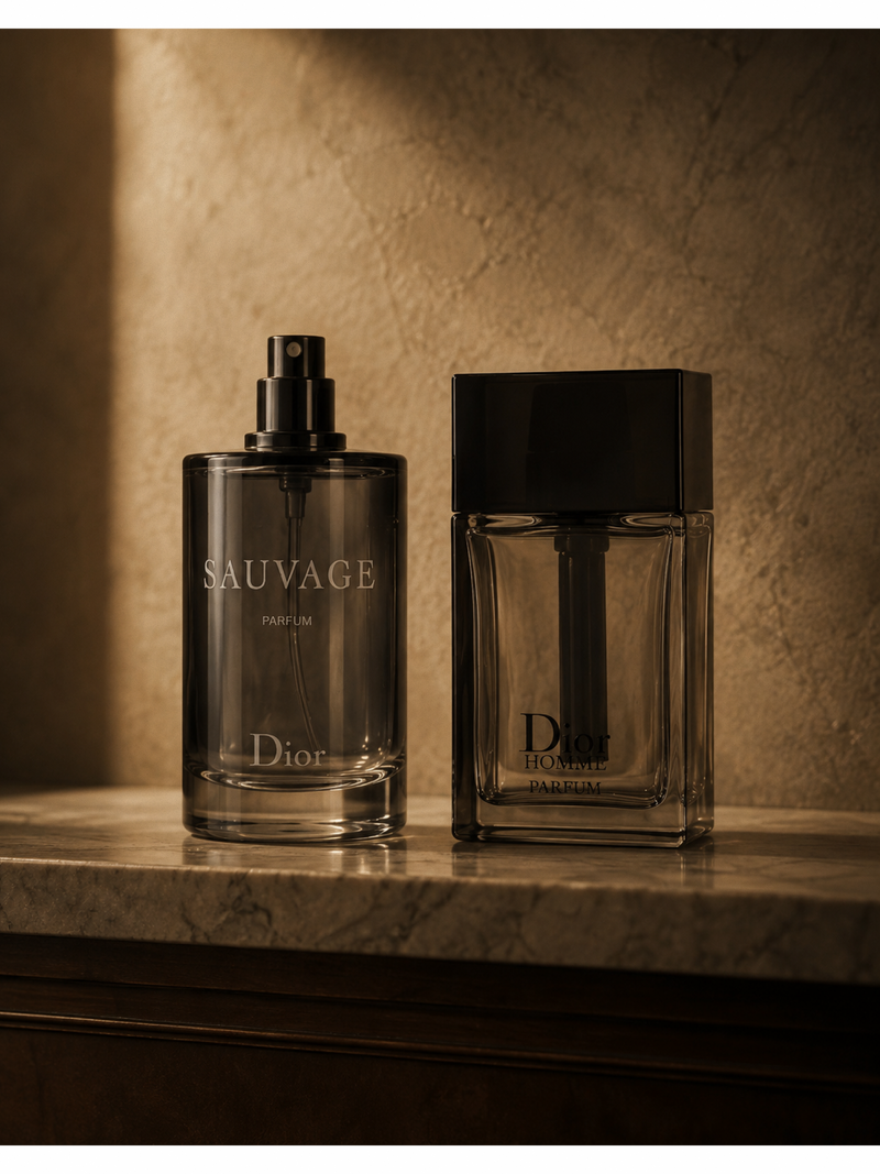 Dior Sauvage and Dior Homme Parfum bottles displayed side by side on a marble surface against a warm textured wall.