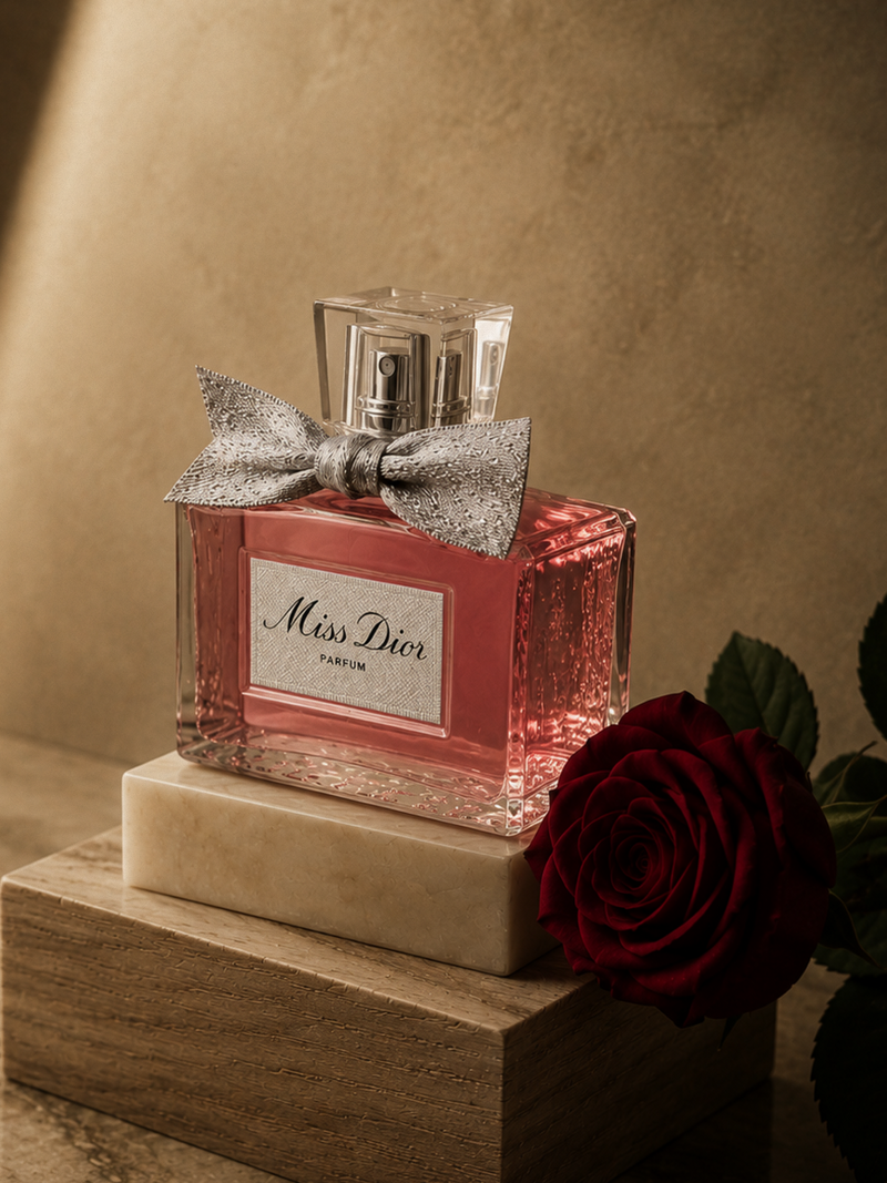 Miss Dior perfume bottle with a silver bow, standing on a marble pedestal next to a red rose against a warm beige background.