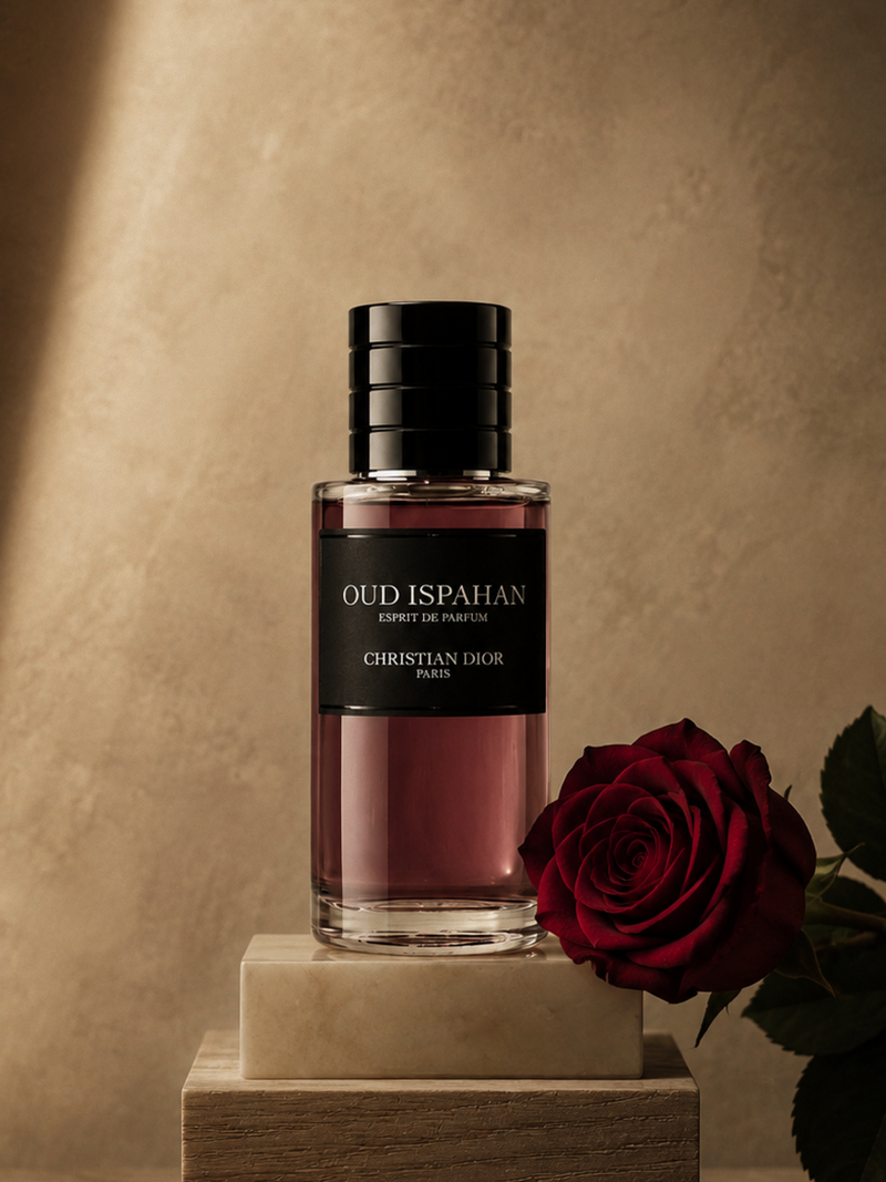 Christian Dior Oud Ispahan perfume bottle with a black cap and black label, set on a wooden pedestal next to a red rose against a textured beige background.